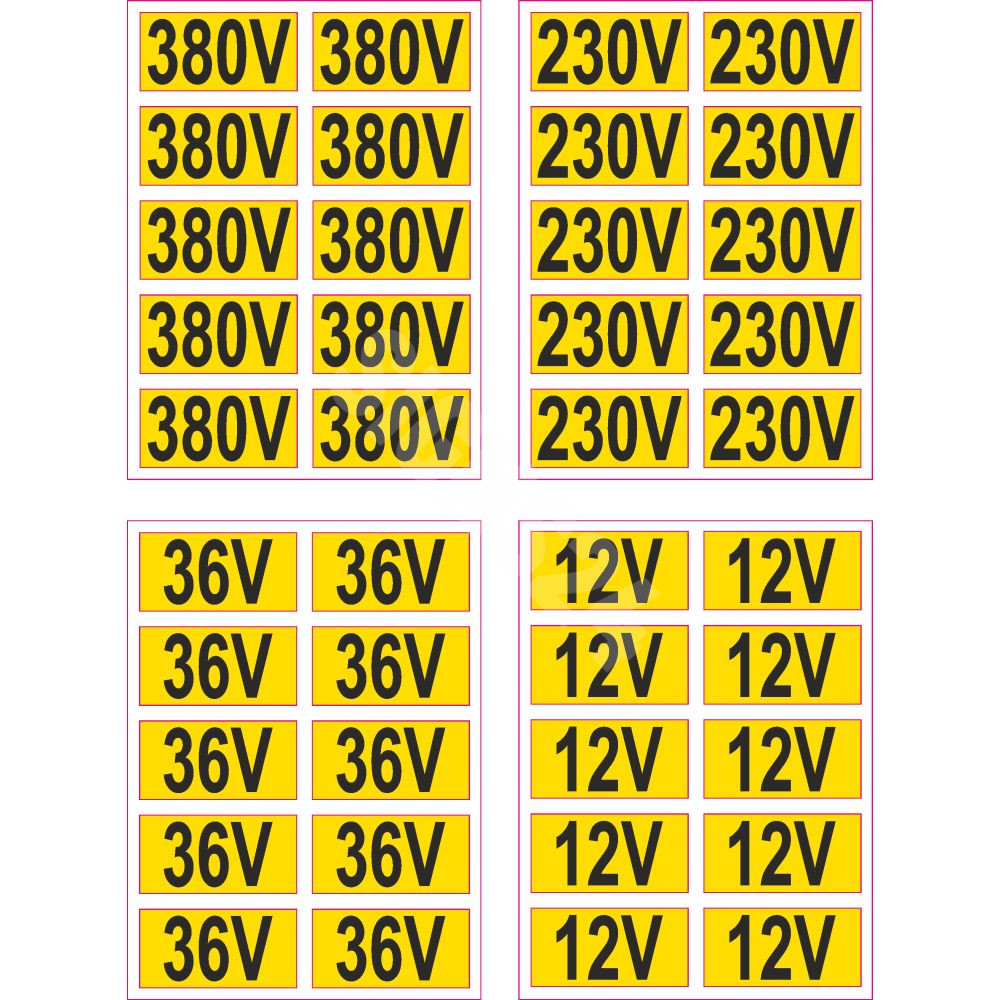 Ženklų rinkinys Elektros tinklo žymėjimas 10 vnt (12 V, 36 V, 230 V, 380 V)
