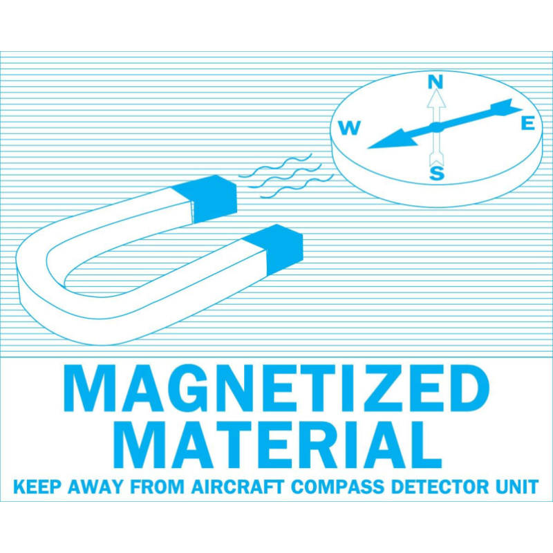 Zīme Magnetizēts materiāls — turēt tālāk no lidmašīnas kompasa detektora vienības Zīme Magnetizēts materiāls — turēt tālāk no lidmašīnas kompasa detektora vienības