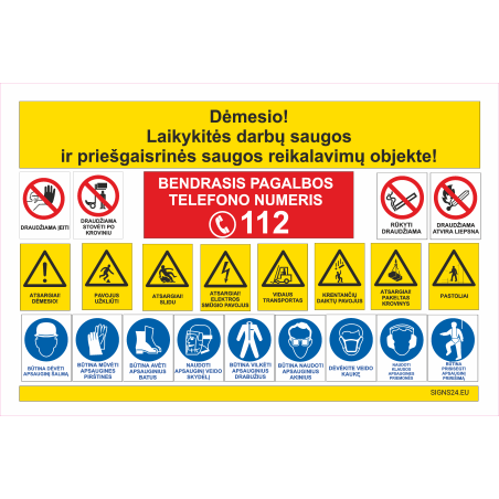 Plakatas - Dėmesio! Laikykitės darbų saugos ir priešgaisrinės saugos reikalavimų objekte!